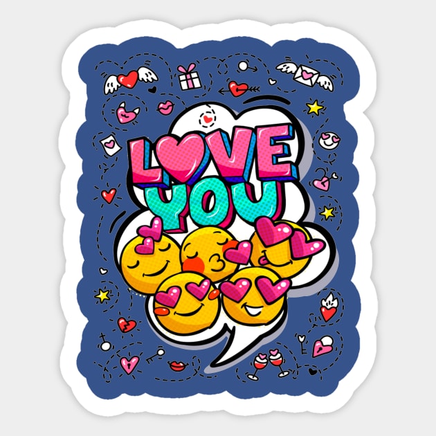 Love you word bubble. Message in pop art comic style with hand drawn hearts and emoji smiles. Sticker by amramna